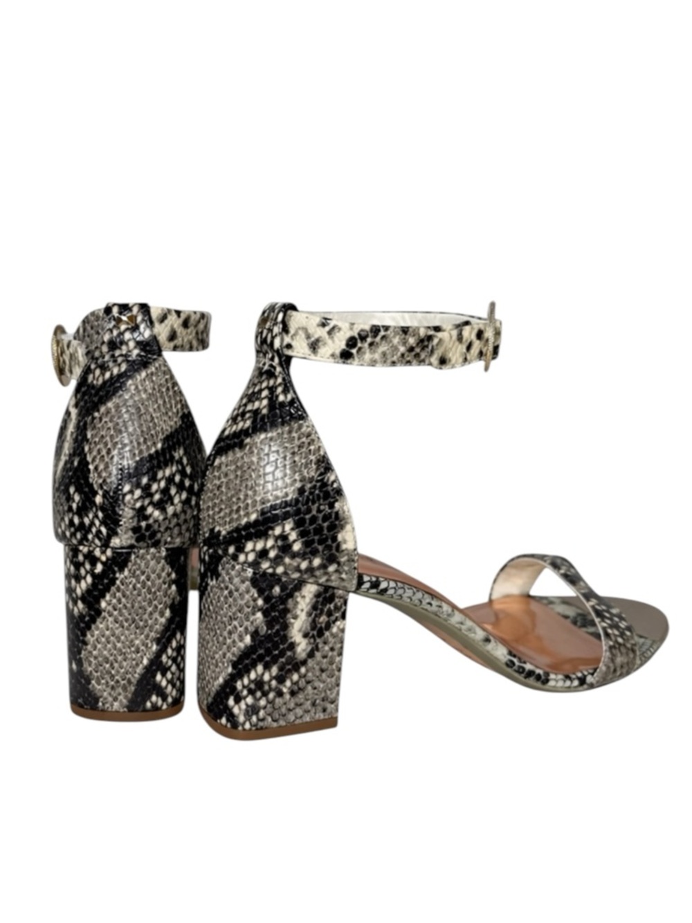 Ted Baker Snake-Print Ankle-Strap Block Heels in Cream and Black